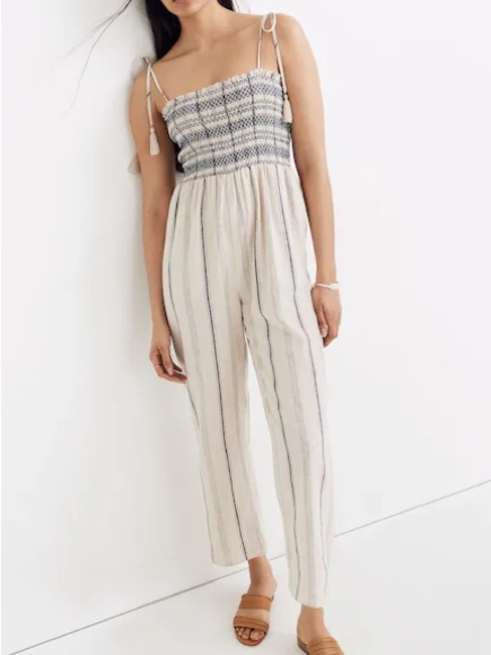 Madewell Smocked Cami Jumpsuit Size S Linen Cotton Stripe Tassel